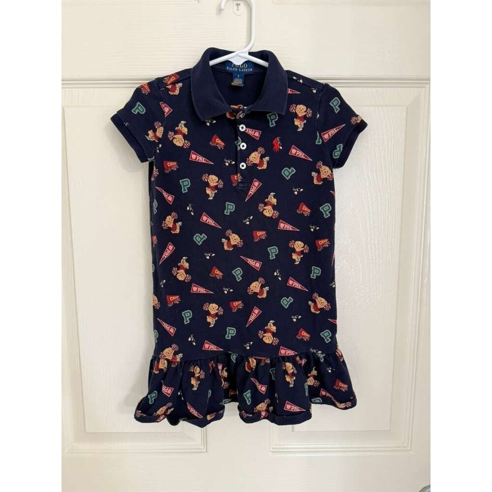 Polo Ralph Lauren Girls Polo Dress Size 5 Navy Cheer Bear Print Ruffle Hem